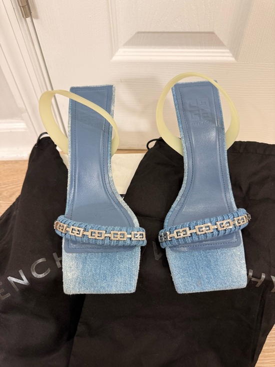 Givenchy Light Blue Denim Chain-Trim Slingback Heels - Picture 2 of 8